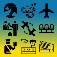 Vector icon set  about airport with 9 icons related to boarding, template, interior, page and card