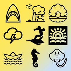 Vector icon set  about sea with 9 icons related to isolated, hawaii, tropical, cartoon and boat