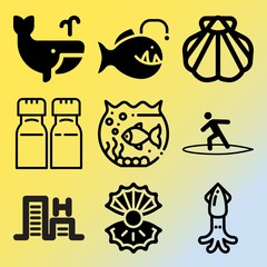 Vector icon set  about sea with 9 icons related to animal, glass, turtle, vintage and silhouette