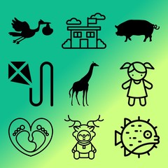 Vector icon set  about baby with 9 icons related to together, jungle, rabbit, piggy and elementary