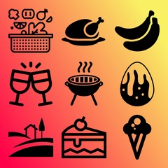 Vector icon set  about food with 9 icons related to product, candles, market, macro and hen