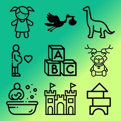Vector icon set  about baby with 9 icons related to doll, robot, labor, prehistoric and expecting
