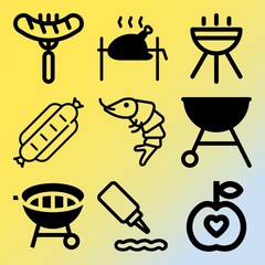 Vector icon set  about barbecue with 9 icons related to charcoal, outdoor, lunch, product and prepared