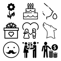 Vector icon set  about love with 9 icons related to bedroom, banner, sunflower, caucasian and fun