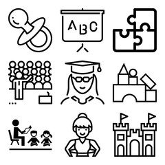 Vector icon set  about education with 9 icons related to board, relax, studying, frame and adult