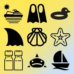 Vector icon set  about sea with 9 icons related to glass, hobby, man, danger and spa