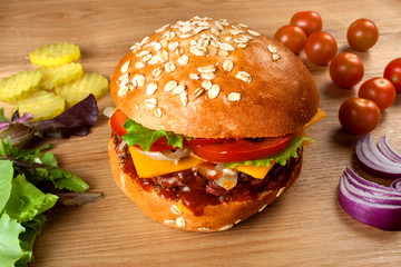 homemade hamburger with pork and ketchup