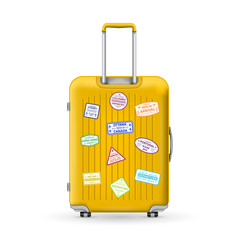 Creative vector illustration of realistic large polycarbonate travel plastic suitcase with wheels isolated on transparent background. Art design traveler luggage. Abstract concept graphic element