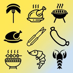Vector icon set  about barbecue with 9 icons related to spatula, together, crustacean, logo and nutrition