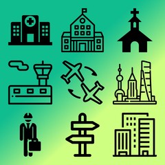 Vector icon set  about building with 9 icons related to builder, sky, corporate, emergency and reflection