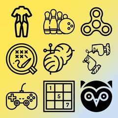Vector icon set  about hobby with 9 icons related to meditation, dress, suit, camouflage and snow