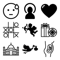 Vector icon set  about love with 9 icons related to vector, object, light, black and noughts