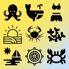 Vector icon set  about sea with 9 icons related to conservation, abstract, wild, sunshine and seaweed