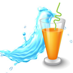 Water splashes in blue colors around a transparent glass with juice.