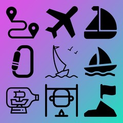 Vector icon set  about adventure with 9 icons related to gear, voyage, lock, aircraft and black