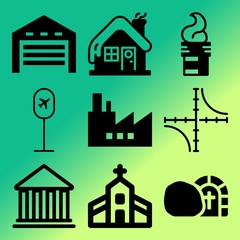 Vector icon set  about building with 9 icons related to station, technology, simple, project and heavy