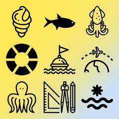 Vector icon set  about sea with 9 icons related to firefighter, food, fishes, latitude and fauna