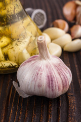 fragrant garlic on a wooden rustic background