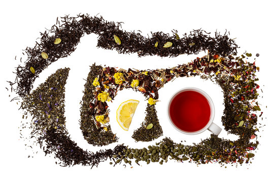 Fototapeta word tea made from different variety of tea. Isolate on white