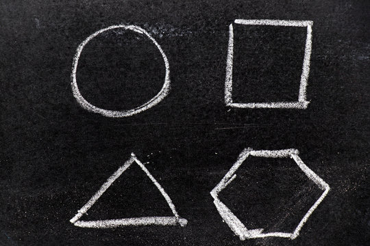 CHalk hand drawing as geometric shape (Circle, triangle, square, hexagon) on black board background