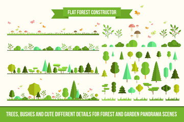 Erstellen Sie Ihren eigenen Wald - flacher Bausatz. Riesige Sammlung von Infografik-Vektorelementen. Set aus Bäumen, Büschen, Blumen und süßen Details für Naturlandschafts-Panoramaszenen, App- und Spieldesign