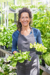 Freundlich lächelnde Gärtnerin mit frischen Salatpflanzen in der Hand