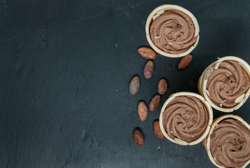 delicious waffle ice cream with chocolate and  cocoa beans