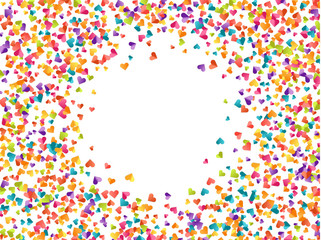 Celebrate pattern of heart shape background of colored confetti and serpentine. Colorful festive texture