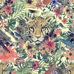 Nahtloses handgezeichnetes Aquarellmuster mit Leopardenkopf, Blumen, Federn, Blumen. © Irina Samoylovskaya