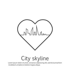 Silhouette of the city and heart and love in continuous drawing lines in a flat style. Modern urban landscape. Vector illustrations. City skyscrapers building office horizon.Continuous line drawing
