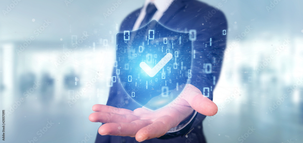 Poster man holding a shield web security concept 3d rendering