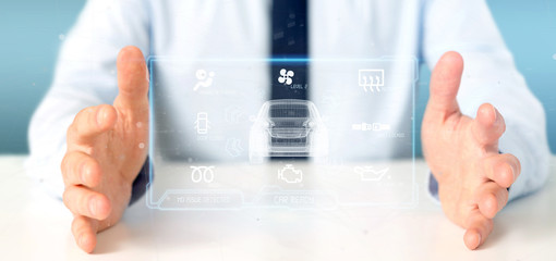 Man holding a Dashboard smartcar interface dashboard 3d rendering
