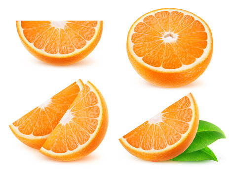 Isolated citrus slices. Collection of cut orange fruits isolated on white background with clipping path