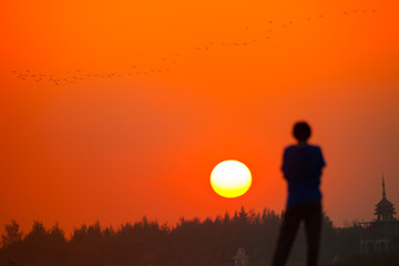 A silhouette tree beside people with sunset under colorful of sky 