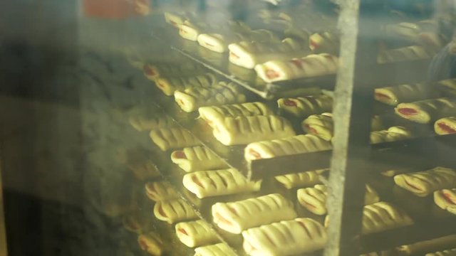 Confectionery factory manufacturing. Preparing cookies in industrial oven, close up