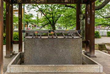 Stillness at the water basin at the entrance of a shrine in Japan for the riual Temizuya purification - 6