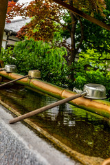 Stillness at the water basin at the entrance of a shrine in Japan for the riual Temizuya purification - 13