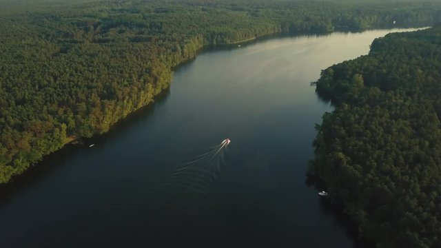 Motor boat sails over a lake in Germany
