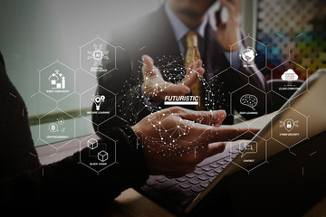 Business team meeting present. professional investor working new startup project. Finance managers meeting.Digital tablet keyboard docking screen computer design smart phone using, sun effect