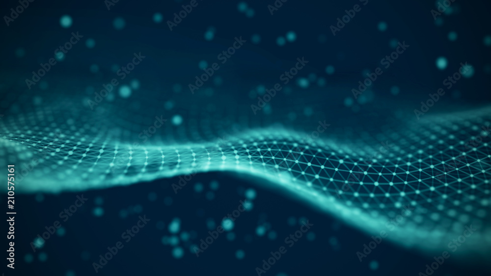Poster Data technology illustration. Abstract futuristic background. Wave with connecting dots and lines on dark background. Wave of particles.