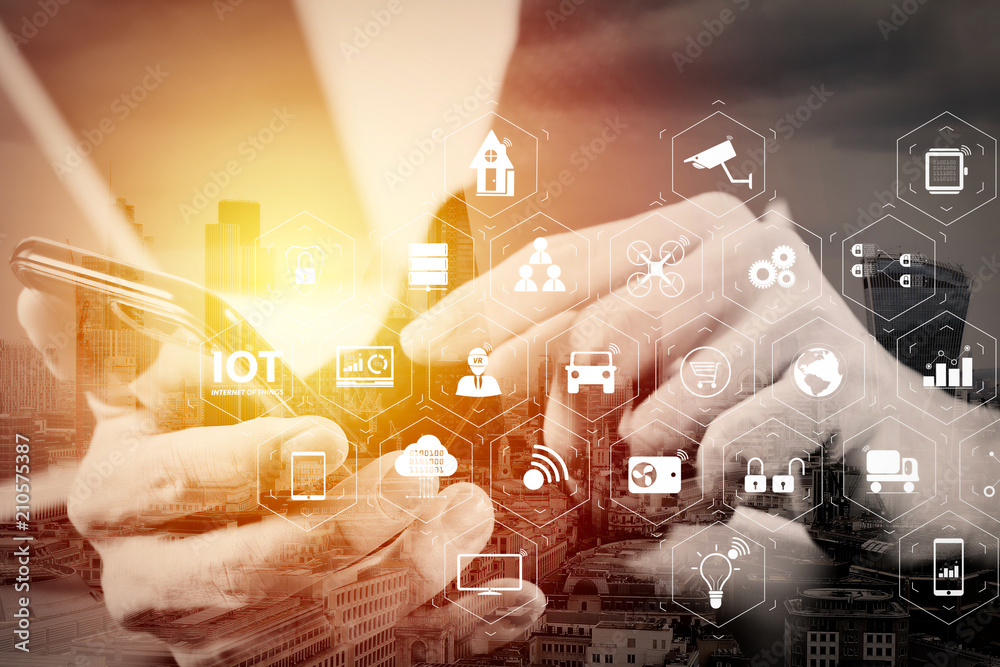 Poster close up of businessman hand working with mobile phone and laptop and digital tablet computer in modern office