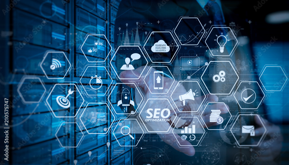 Poster businessman hand working with modern technology and digital layer effect as business strategy concept