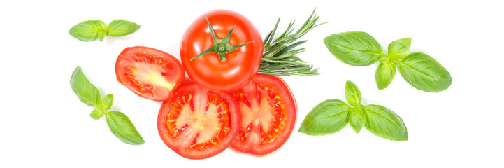 Tomaten mit Basilikum Gemüse von oben Banner freigestellt Freisteller isoliert