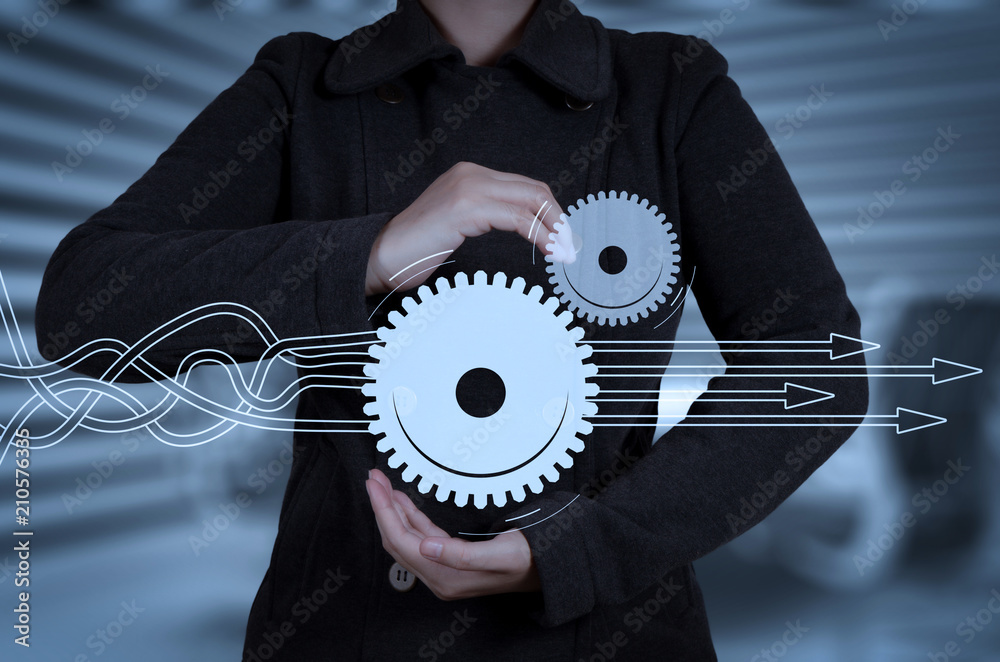 Poster Thinking about structuring virtual diagram of business process with solutions. businesswoman showing gear of problem solved.