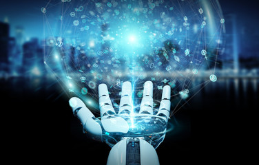 White humanoid hand using digital global network 3D rendering