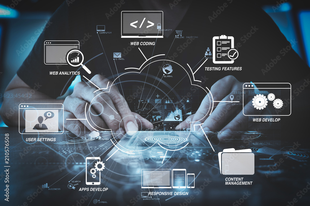 Poster businessman hand working with modern computer in modern office with virtual icon diagram