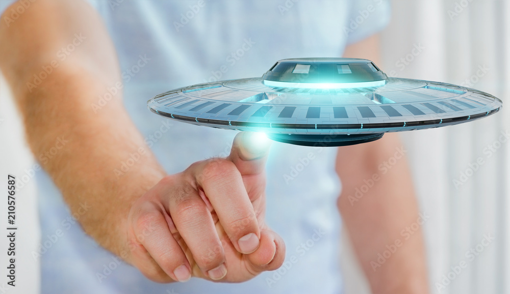 Poster businessman with retro ufo spaceship 3d rendering
