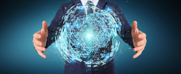 Businessman using digital triangle exploding sphere hologram 3D rendering
