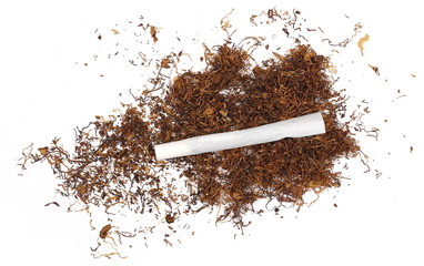 tobacco and cigarettes isolated on white background, top view