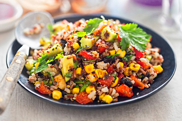 Black beans, avocado, corn, tomato, rice & quinoa salad with chilli dressing  - 210577599